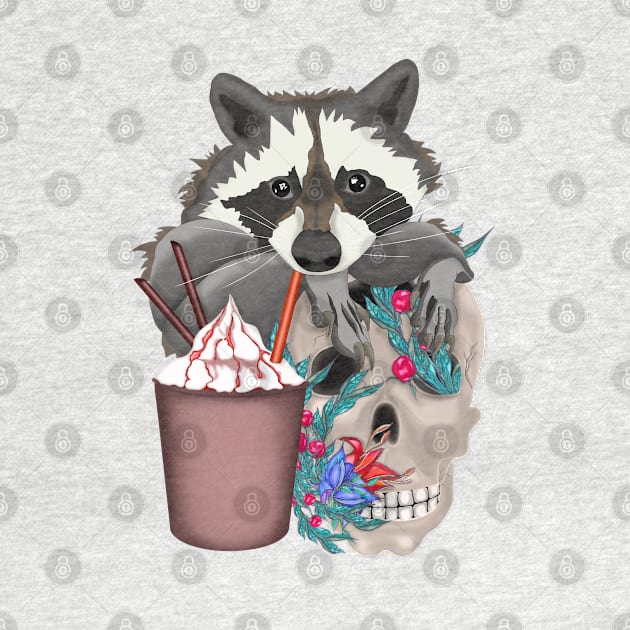 Raccoon with yummy and a skull in flowers by KateQR